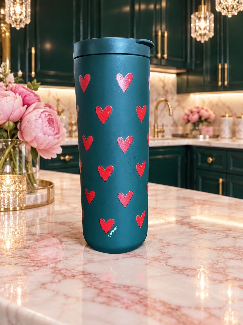 Starbucks 2025 Valentine Green Hearts Stainless Steel Tumbler 16 oz